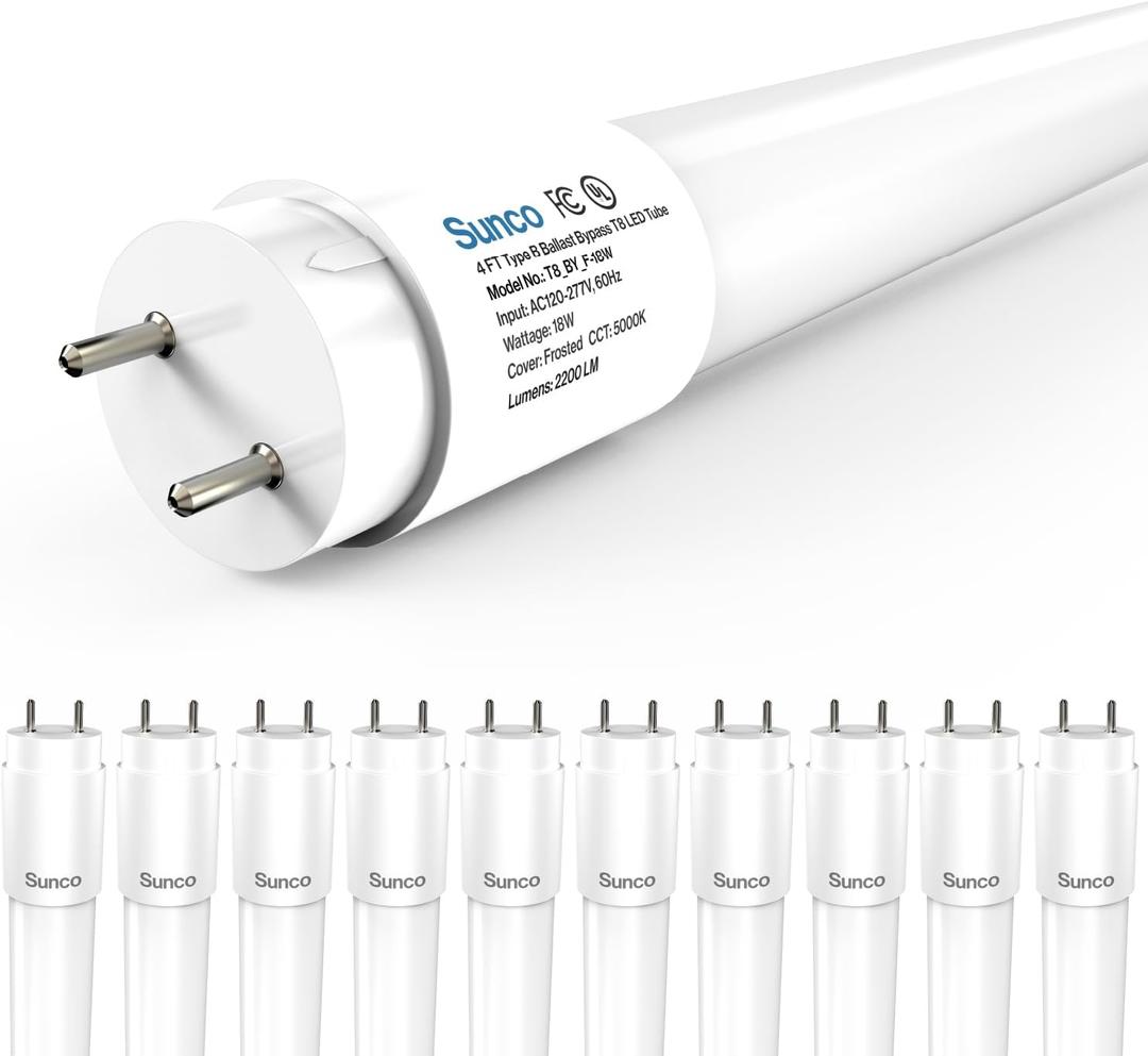 Sunco 10 Pack T8 LED Bulbs 4 Foot, Tube Light Bulbs Ballast Bypass, 48 Inch Fluorescent Replacement, 2200 LM, 18W, 5000K Daylight, Single Ended Power, Type B, Frosted Lens UL