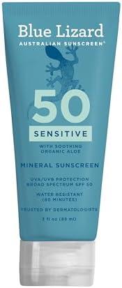 Blue Lizard SENSITIVE Mineral Sunscreen with Zinc Oxide, SPF 50+, Water Resistant, UVA/UVB Protection with Smart Cap Technology - Fragrance Free, 3 oz. Tube, 2 Pack