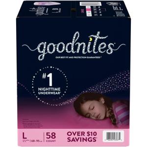 GoodNites Bedtime Underwear for Girls, Large (68-95 Pounds), 58 Count