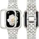 Supoix Compatible with Apple Watch Band 45mm (Series 9/8/7) Case, Women Jewelry Bling Diamond Rhinestone Replacement Metal Bands & 2 Pack PC Protector Case
