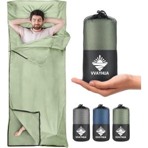 Sleeping Bag Liner, Self Tan Sleep Sack, Adult Sleep Sack, Two-Way-Zipper Expose Feet Separately, Portable Single Camping Travel Sheets for Hotel,Hostels,Business Trips (Sage Green)