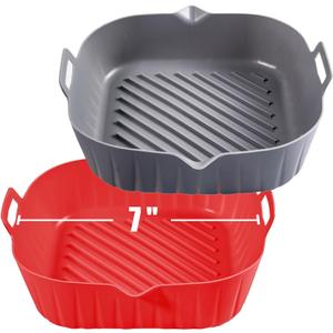 Silicone Liners Square for 6.5 to 7.5 inch Air Fryer, 2 Pcs Non-stick Food-grade Reusable Basket Baking Tray Airfryer Accessories, Top Size 7 inches, Bottom Size 6.3 inches