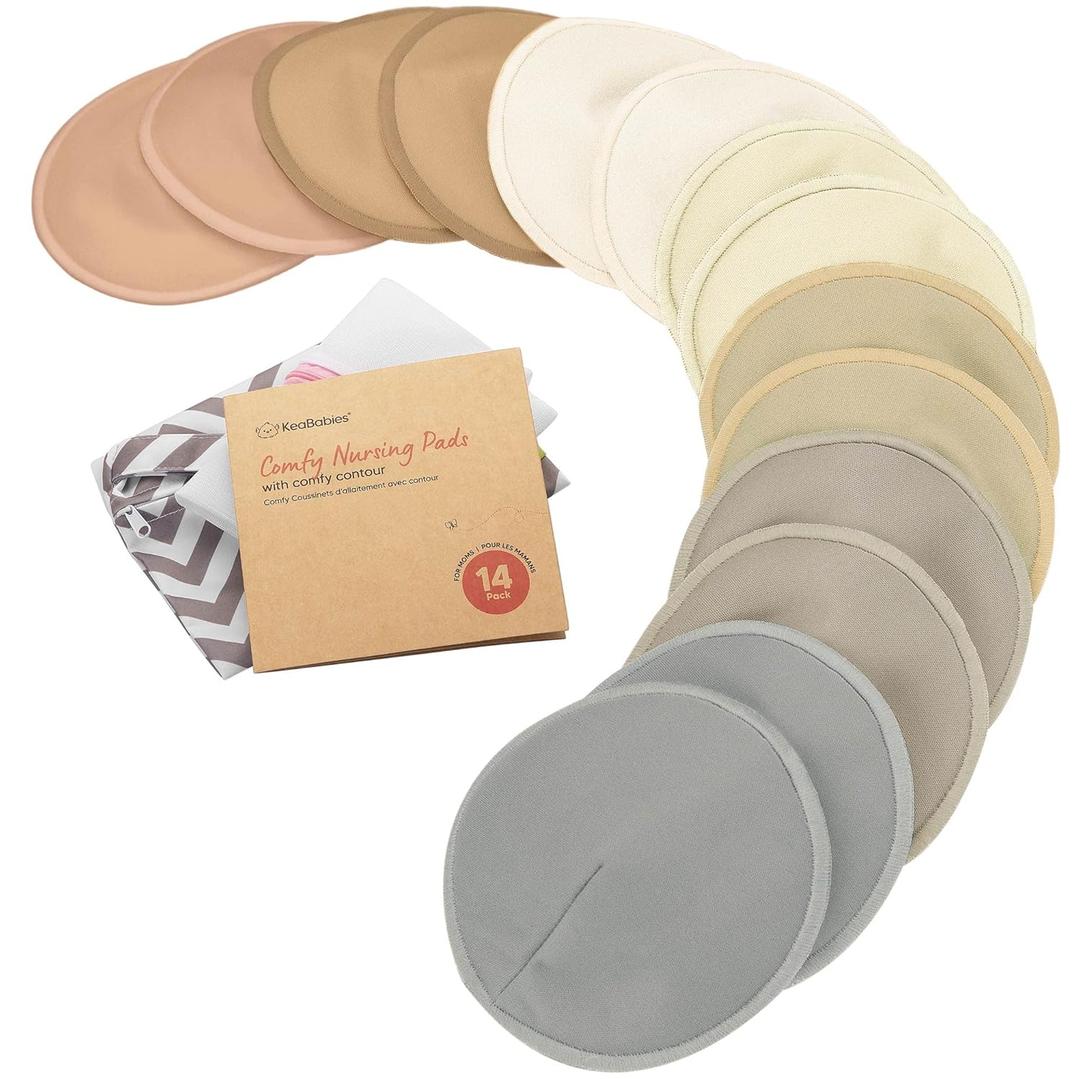 Organic Nursing Pads - 14 Washable Breast Pads for Breastfeeding, Wash Bag, Viscose Derived from Bamboo Reusable Nipple Covers for Breastfeeding Essentials, Soft & Absorbent (Earth, L 4.8")
