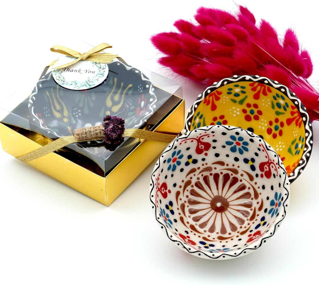 Bridal shower favors, 16 Set of Ceramic Bowls, Wedding Favors for Guests Bulk, Baby Shower Favors Bulk, Mexico Wedding Party Favors, 3.14 inches dimension (Gold Box)