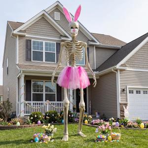 3 Pcs 12ft Skeleton Easter Outfit Set, Large Pink Bunny Costume Accessories Includes Big Tutu Skirt Rabbit Ears Headband and Nose, Giant Skeleton Clothes for Outdoor Holiday Yard Decor