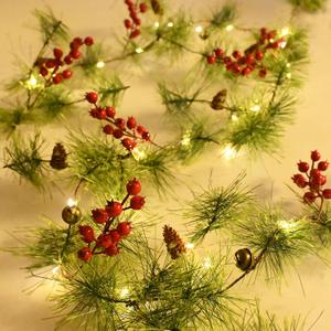Christmas Garland with LED Fairy Lights Battery Operated Smokey Pine Garlands with 8 Flash Modes and Timer Red Berries Bells Pine Cones Green Garland Rustic Garlands for Xmas Holiday Home (6.56 feet-red berries)