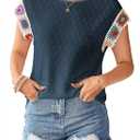 Womens Summer Tops 2025 Boho Tops for Women Color Crew Neck Short Sleeve Casual Blouse (Large, Blue)