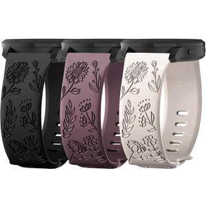 3 Pack 22mm Flower Pattern Bands Compatible with Garmin Venu 4 45mm/Venu 3/Venu 2/Vivoactive 4/Forerunner 745/265/255/255 Music, Soft Silicone Floral Engraved Sport Strap for Women Men