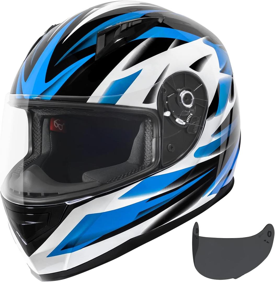 VCAN VX Lightweight Full Face Motorcycle Street Bike Helmet with Extra Tinted Visor, Coolmax Technology & OTG Ready, DOT Approved (GLOSS BLACK STREAM BLUE)