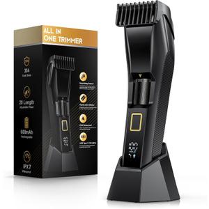 Men's Beard Trimmer-All-in-One Mustache Trimmer for Men with 20 Length Adjustable, Stainless Steel T-Blade for Precision Facial Hair Trimming Cordless IPX7 Waterproof Wet/Dry Clipper,LED Display (Black Gold)