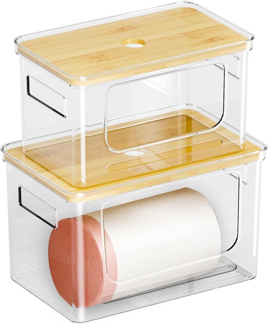 2 PACK Trash Bag Holder With Bamboo Top,Trash Bag Dispenser Roll Holder for Kitchen Pantry Cabinet Counter Under Sink Laundry Room Organizers