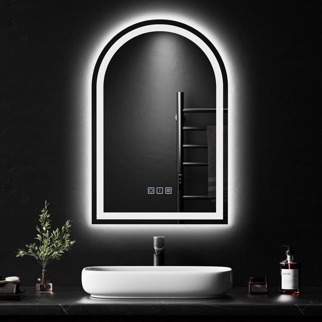 QAOYEDE 24x16 Inch LED Bathroom Mirror with Lights, Arched Mirrors with Light, Dimmable 3 Color Backlit/Front Memory Anti-Fog Tempered Glass, Suitable for Smaller Bathrooms, UL Recognized