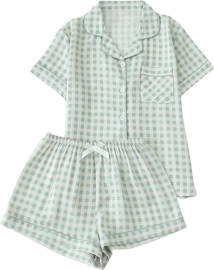Verdusa Women's Plaid 2 Piece Cute Pajama Sets Short Sleeve Button Down Shirts with Shorts Loungewear Green, Small