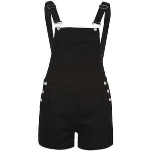 Women Loose Denim Bib Hole Pants Overalls Jeans Demin Shorts Jumpsuit Solid Color Romper with Pockets (Medium, Black)
