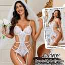 Avidlove Women's Deep V Teddy Lingerie Sexy Lace Bodysuit Cut Out Garter Lingerie Sets (White, M)