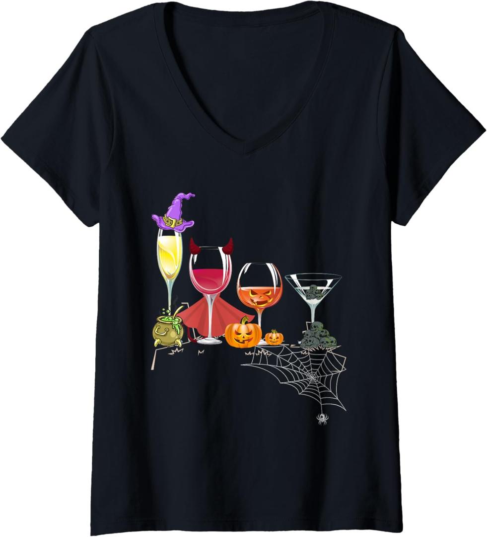 Womens Spellbind Wine Glass Of Witchcraft Halloween V-Neck T-Shirt