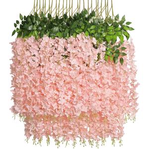 Pauwer Wisteria Hanging Flowers 24 Pack Fake Flower Garland Artificial Wisteria Vines Rattan Silk Flower String Wedding Party Wall Decorations,Blush Pink