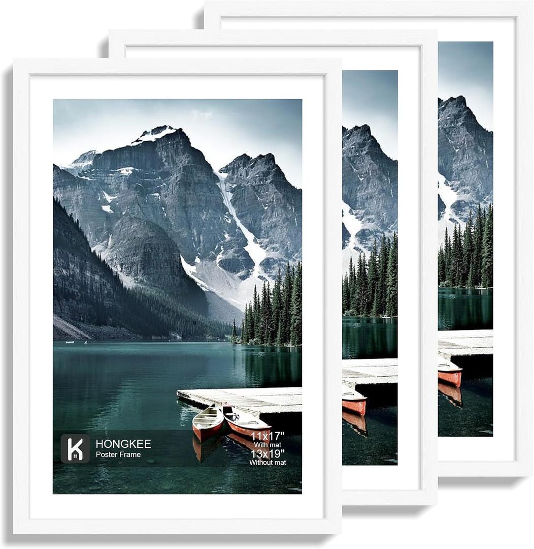 Hongkee 13x19 Picture Frame Set of 3 - Display 11x17 Photo with Mat or 13 x 19 Poster without Mat, Wall Mounting Horizontal and Vertical, White