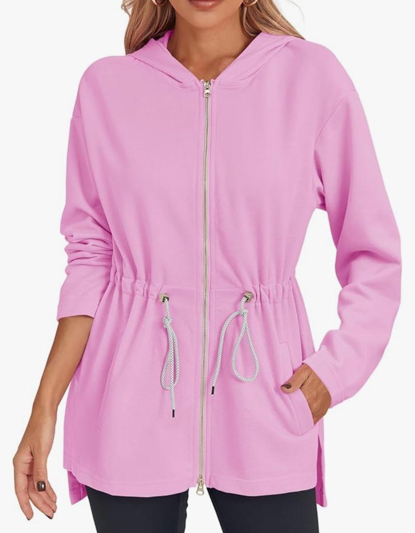 Fisoew Women's Zip Up Hoodie Sweatshirts Oversized Long Sleeve Casual Drawstring Waist Side Slit Tunic Tops