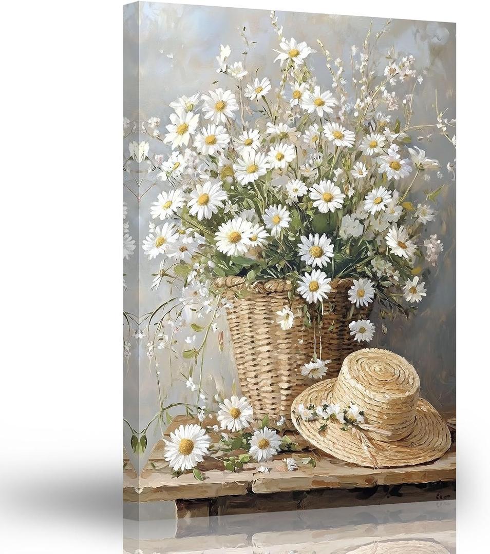 ARTZGX Farmhouse Daisy Wall Art Rustic Floral Canvas Prints Vintage Country Flower Pictures for Kitchen Bathroom Wall Decor Frame(White 16L x 24W)