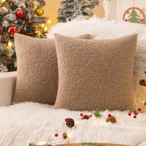 AQOTHES Khaki Winter Throw Pillow Covers 18x18 Inch Set of 2, Boucle Faux Fur Pillow Covers,Cozy Fluffy Home Living Room Farmhouse Decor for Sofa Couch Bed