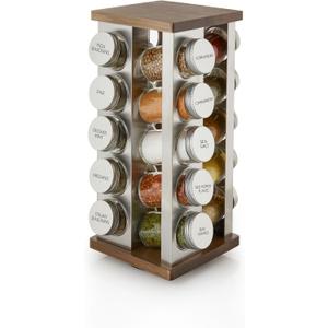 Kamenstein 20 Jar Vintage Spice Rack with Spices Included, Revolving Countertop Spice Organizer with Glass Jars, Labeled Caps, Removable Sifter Discs