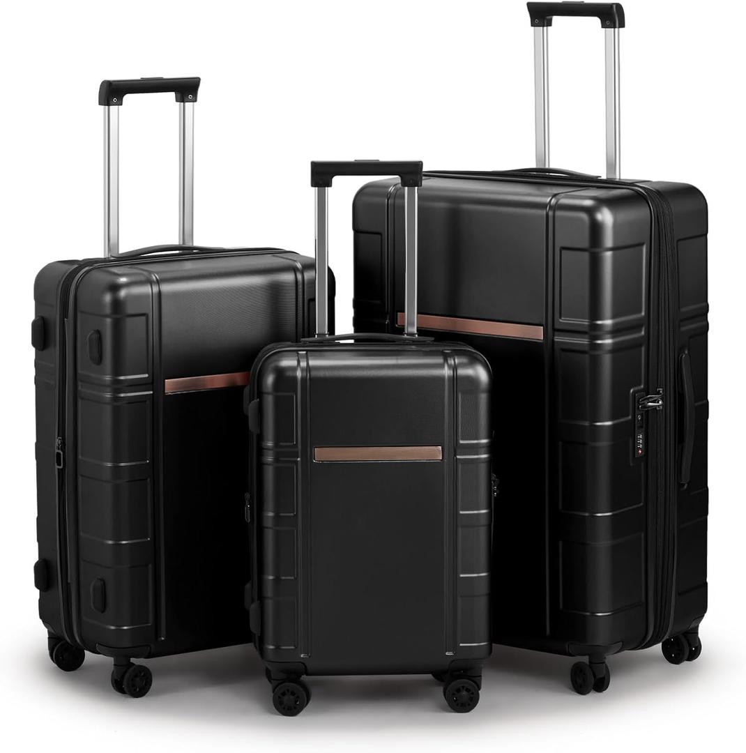 Karl home Luggage Expandable 3 Piece Set Suitcase PC+ABS Hard-Sell with TSA Lock Spinner Wheels 20in 24in 28in Travel Rolling Carry on Woman/Men Black
