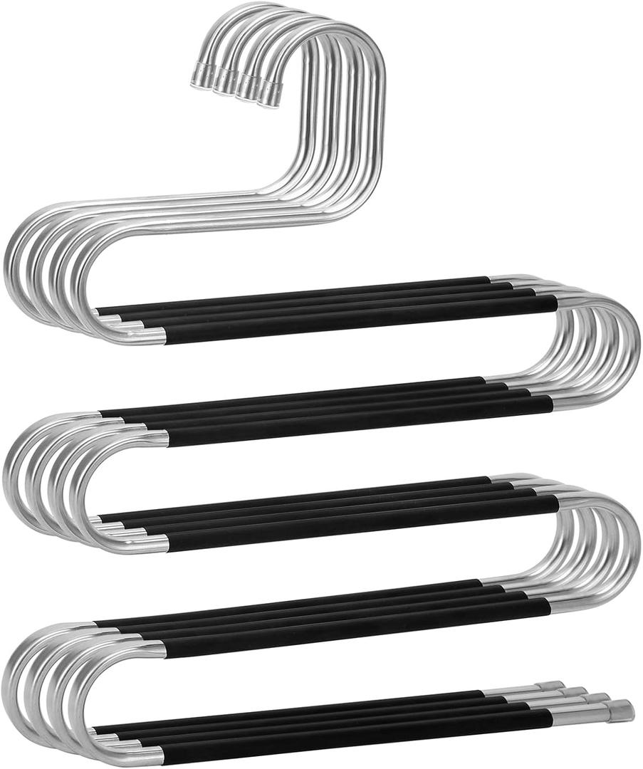 Pants Hangers Space Saving,4 Pack Stainless Steel Non-Slip Hangers for Pants,Multiple S-Shaped Closet Storage Organizer Hanger for Pants Jeans Scarf Towels Leggings