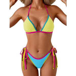 Eomenie Sexy Bikini Sets for Women Halter Triangle Top Two Piece Swimsuit Tie Side Bathing Suit Color Block Swimwear (Yellow, S)