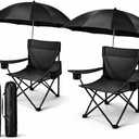 2 Pack Portable Folding Camping Chairs with Adjustable Umbrella, Outdoor Canopy Chairs with Cup Holder, Lightweight Beach Chairs for Fishing, Sports Events & Lawn (Black)