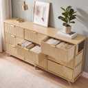 Fabric Fluted Dresser for Bedroom, Chest of 9 Fabric Drawer with Metal Frame & Spacious Wooden Top, Dresser Storage Tower for Closet, Hallway, Living Room, Natural Oak 57"D x 28.94"W x 11.8"H