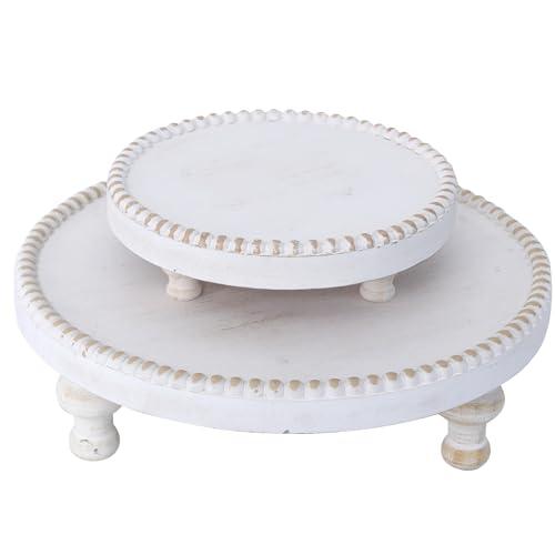 SwallowLiving Rustic Set of 2 White Round Wood Tray Riser Farmhouse Pedestal Stand with Beaded Edge for Decor Whitewash Finish Wooden Cupcake Display for Cakes and Decorative Items 11.8/7.5 inches