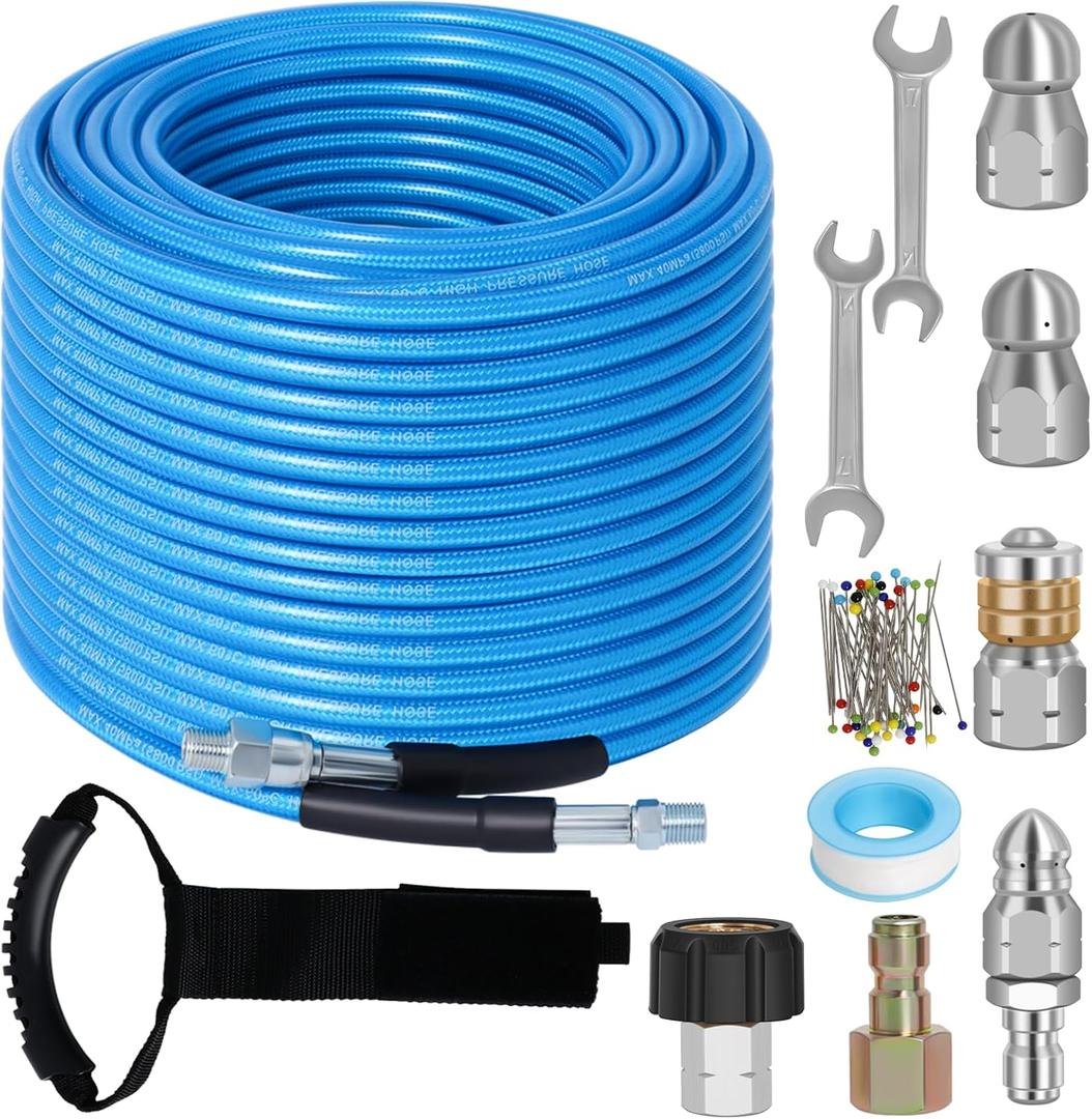 150 FT Sewer Jetter Kit for Pressure Washer, 5800PSI Water Jet Drain Cleaner Hose, 1/4 Inch NPT Corner with 4 Sewer Jetting Nozzles, Pearl Corsage Pin, Waterproof Tape, Handle Strap&2 Spanner (Blue)