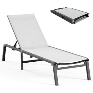 Aluminum Chaise Lounge Ourdoor - Foldable & Assemble Free Outdoor Lounge Chair with 5 Adjustable Backrest, Patio Lounge Chair for Outside Poolside Beach Pool, White (1 Pack)