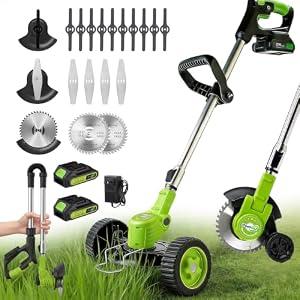 Cordless Electric Weed Wacker with Wheels, 3-in-1 Grass Trimmer & Brush Cutter & Lawn Edger, 3 Types Blade, 2X2000mAh Batteries, Lightweight String Trimmer for Garden and Yard Lawn, Gifts for Seniors