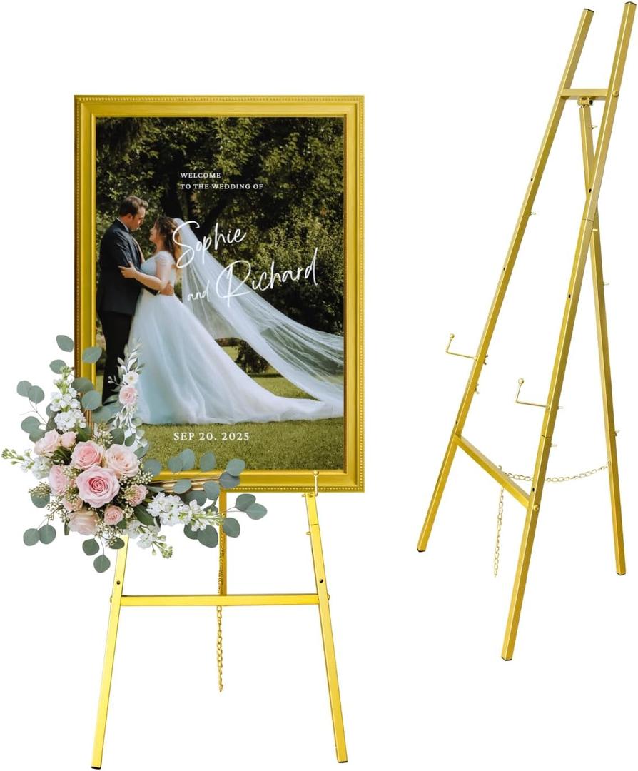 Gold Easel Stand for Sign 47" Heavy Duty Metal Easel with 4-Tier Height & Adjustable Angle Elegant Art Easel for Wedding Sign, Welcome Boards, Display, Event Easy Assembly, Storage Bag Included