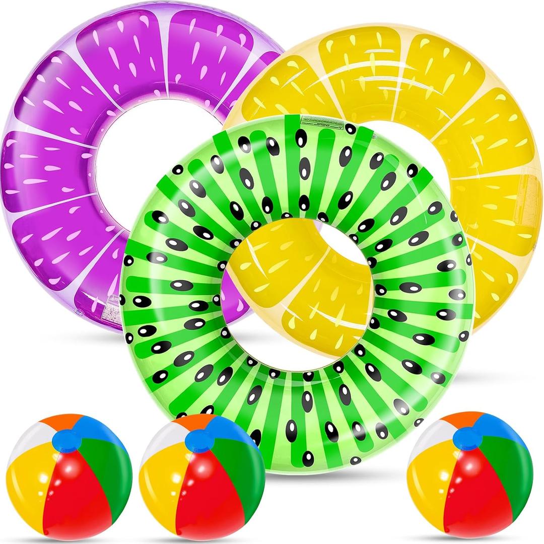 6 Pack Pool Floats Kids, 3 Pcs Inflatable Fruits Swim Tubes Rings & 3 Pcs Rainbow Beach Ball Bulk, Summer Pool Floaties for Kids Adults Swimming Float Toy Hawaiian Party Beach Water Fun Game, 30 Inch Pool Float, 12 Inch Beach Ball