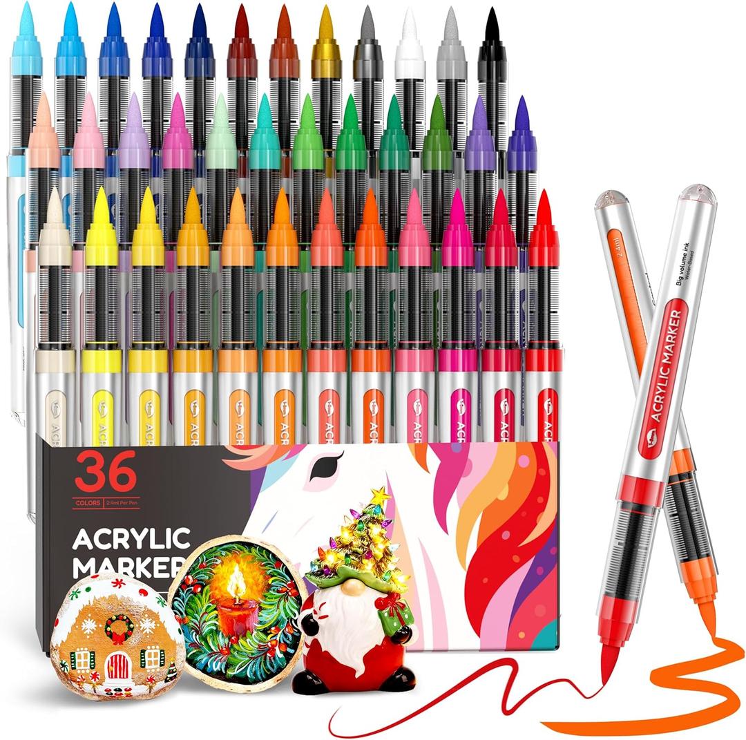 Nicpro 36 Colors Acrylic Paint Markers Brush Tip, Water-Based No-Bleed Paint Markers with Automatic Ink Control, Waterproof Acrylic Paint Pens for DIY Art & Crafts  Rock, Wood, Glass, Ceramic, Fabric (1 Count (Pack of 36))
