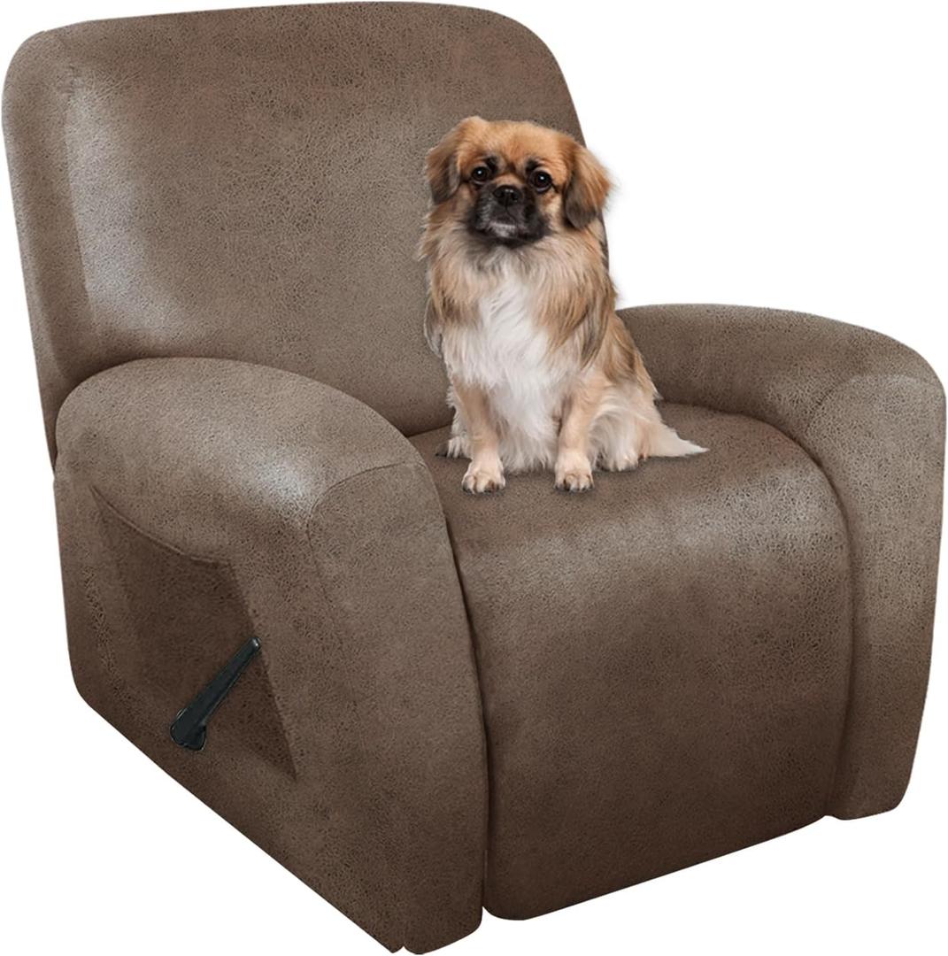 Recliner Chair Covers Leather Like, 4 Pieces Lazy Boy Recliner Cover, Furniture Protector - Washable Soft Sofa Slipcover for Pets Kids (Brown) (1 Seater)