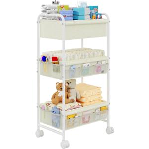 3-Tier Baby Diaper Caddy Cart Organizer,Mobile Nursery Storage Carts with Wheels,With 2 Dividers&14 Mesh Pockets Durable Metal Utility Cart for Nursery, Bedroom, Bathroom, Baby Essentials Organization (Beige Yellow)