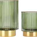 DASITON Makeup Brush holder Organizer, Crystal Cosmetic Makeup Brush Glass Brushes Storage Holder, Vintage Make Up Brush Cup Pen Pencil Holder striped vase(Green S+L)