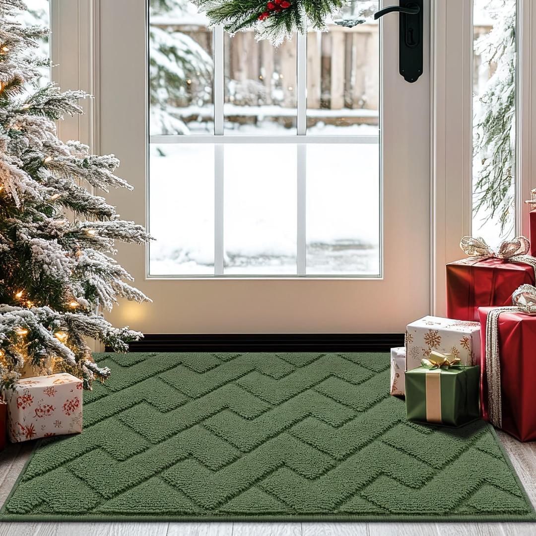 hicorfe Indoor Doormat,Front Back Door Mat TPR Backing Non Slip Mats 20"x31.5" Absorbent Resist Dirt Entrance Doormat Inside Floor for Entryway Washable Low-Profile(Green)