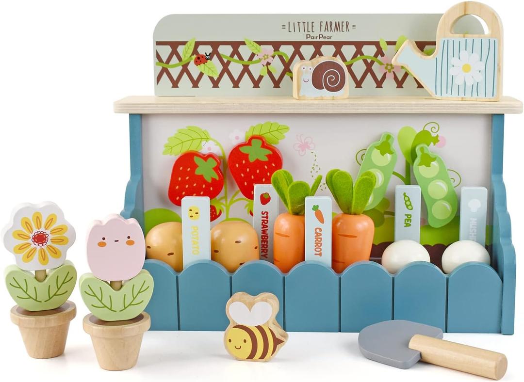 PairPear Montessori Wooden Vegetable Matching Toy Play Food Garden Set for Toddlers 3+, Preschool Learning Sorting & Farm Pretend Play, Farm Food Recognition & Fine Motor Skills Development