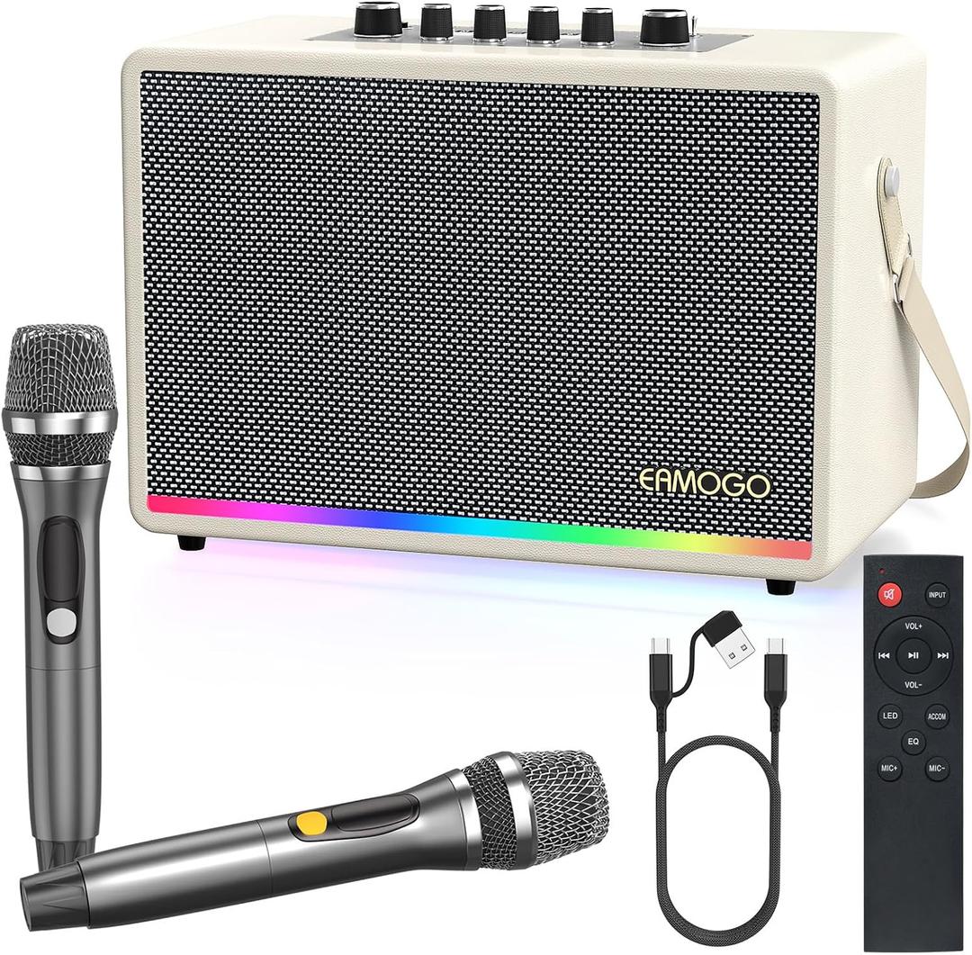 Portable Bluetooth Speaker with 2 Wireless Mics | 70W Peak Deep Bass Birchwood Cabinet | Bluetooth PA System for Outdoor Camping, Backyard| Dynamic LED Lights USB/AUX/OTG Rechargeable Battery (White)