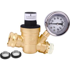 RV Water Pressure Regulator with Gauge Adjustable 3/4" Water Hose Valve - RV Camper Water Pressure Regulator, Trucks, Trailer - Trailer Water Pressure Gauge