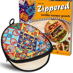 Zippered Tortilla Warmer Pouch - Fit 10 Burrito Size Tortillas, Insulated Fabric - Semicircular Secure Zipper, Talavera Tile Pattern Portable Holder for Parties & Festive Kitchen Decor, 12 Inch