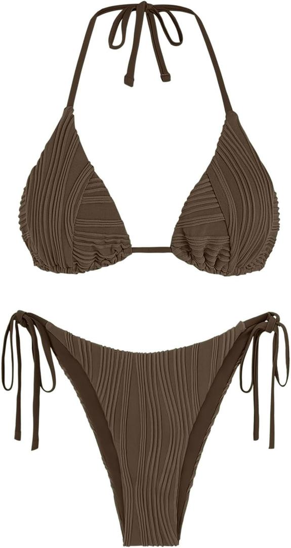 ZAFUL Bikini Sets for Women Halter Two Piece Swimsuit Ribbed High Cut Tie Side Thong Bathing Suit Sexy Padded Swimwear (Large, Deep Coffee)