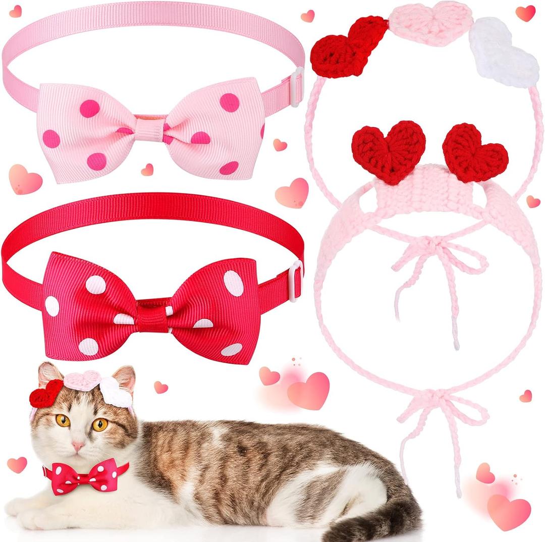 MTLEE 4 Pcs Valentines Day Heart Headband Neck Bow for Cat 2 Pet Neck Bow Cat 2 Headbands Valentines Day Headband with Ear Holes and Chin Straps Adjustable Dog Bows Tie Pink Red Heart Decor for Pets