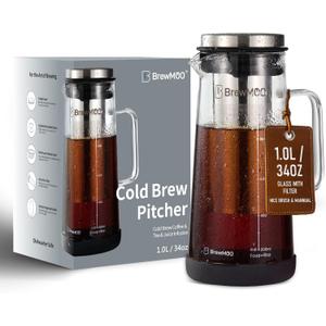BrewMOO- Airtight Cold Brew Coffee Maker Pitcher, 1.0L/34Oz Thick Glass Carafe with Filter, Comfort Sturdy Handle & Wide Spout, Non-Slip Base | Iced Tea Maker (Black)