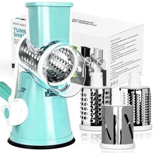 X Home Rotary Cheese Grater for Kitchen, Shredder with 3 Interchangeable Blades, Rotary Grater with Handle and Strong Suction Base, for Vegetables, Fruit, Nuts, Easy to Use and Clean, Blue